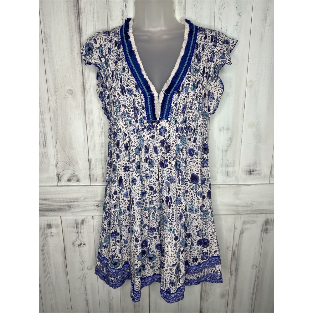 POUPETTE ST BARTH BLUE FLORAL SASHA PLEATED FLUTTER SLEEVE MINI DRESS XS